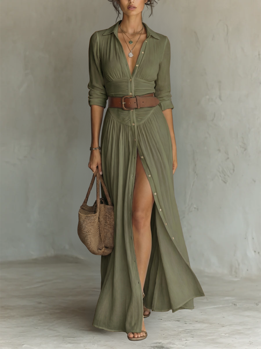 Colette | Robe Maxi Plissée à Col Élégant
