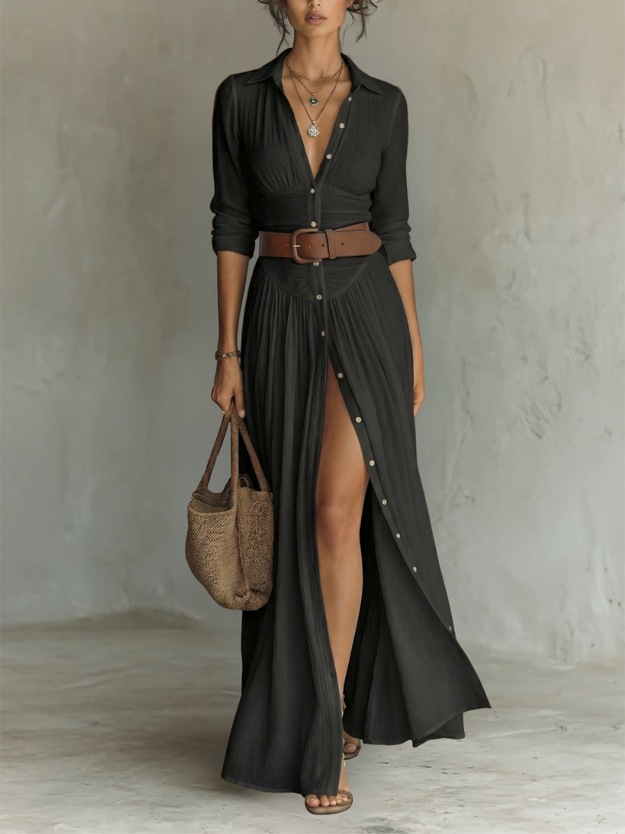 Colette | Robe Maxi Plissée à Col Élégant