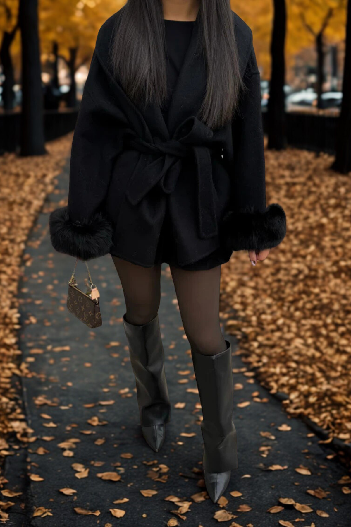 Évelyne | Manteau Ceinturé à Manches en Fausse Fourrure