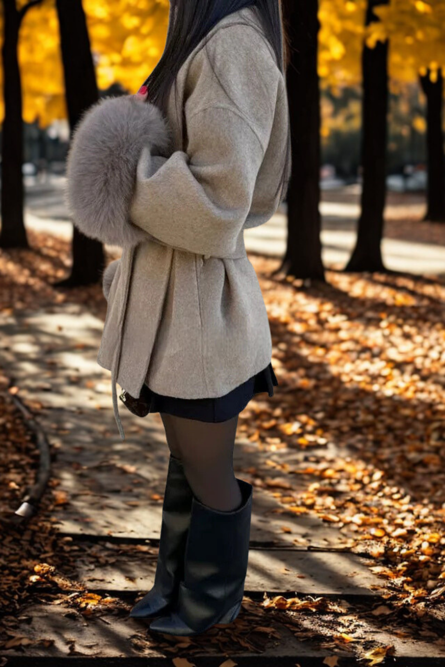 Évelyne | Manteau Ceinturé à Manches en Fausse Fourrure
