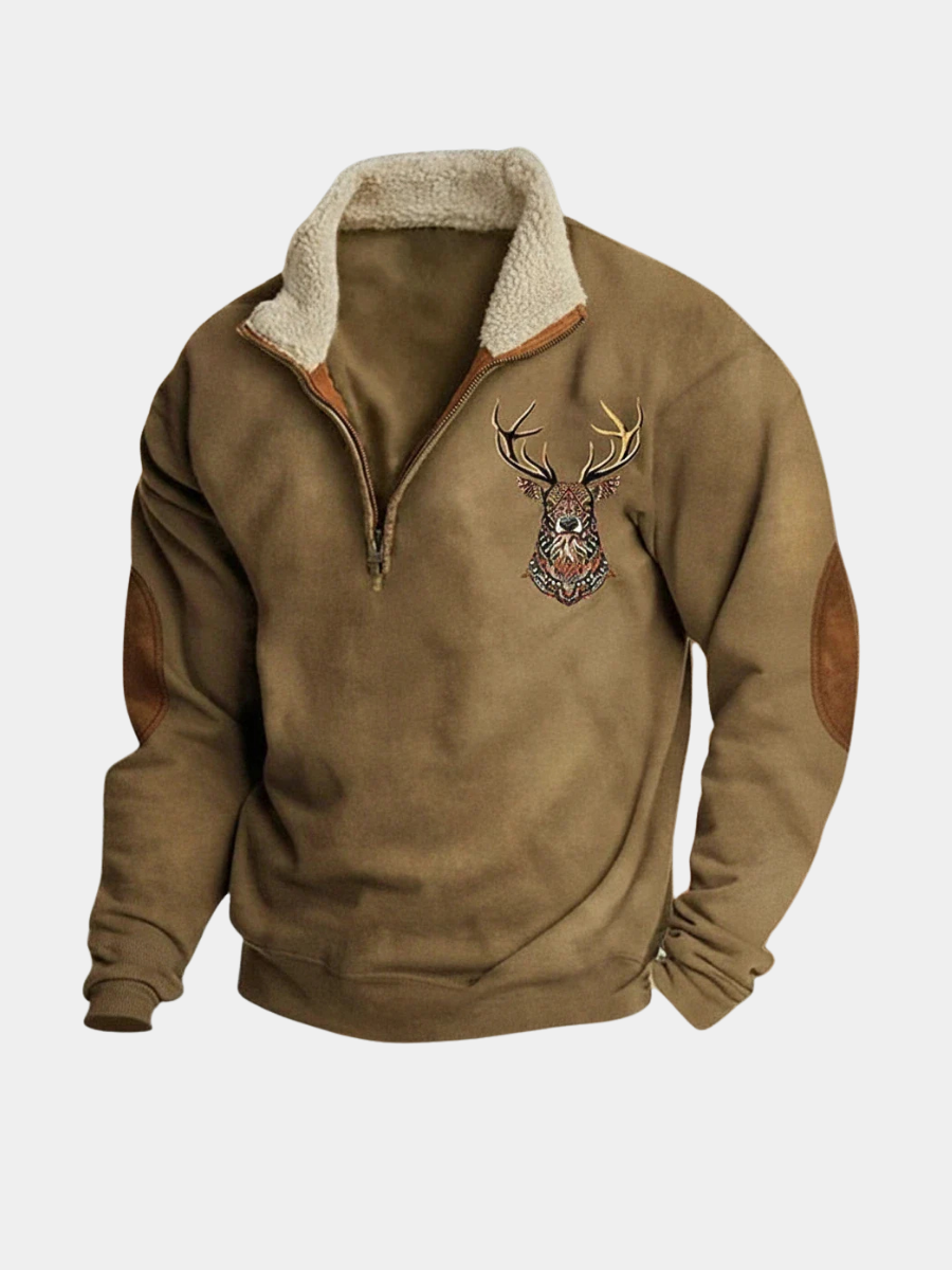 Léandre | Pull Chaud à Motif Cerf et Col Zippé