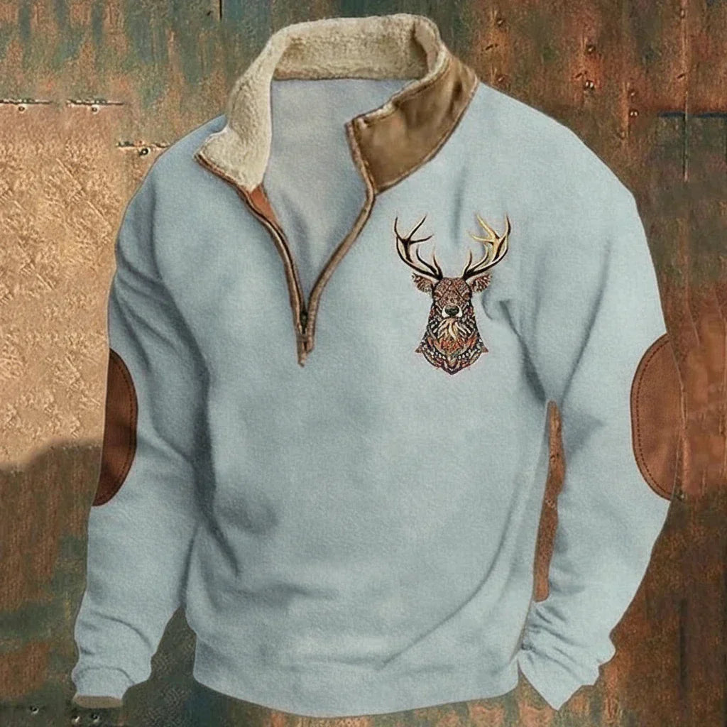 Léandre | Pull Chaud à Motif Cerf et Col Zippé