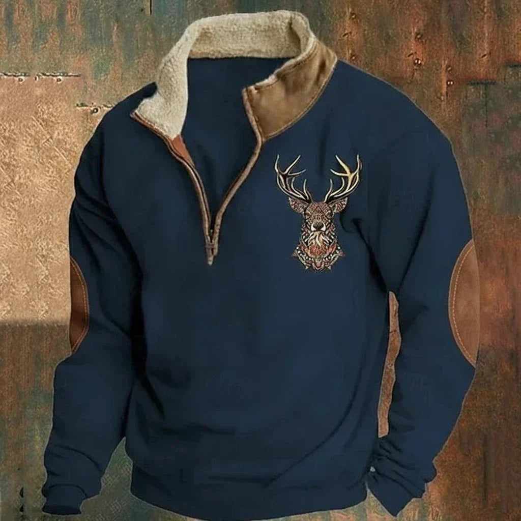 Léandre | Pull Chaud à Motif Cerf et Col Zippé