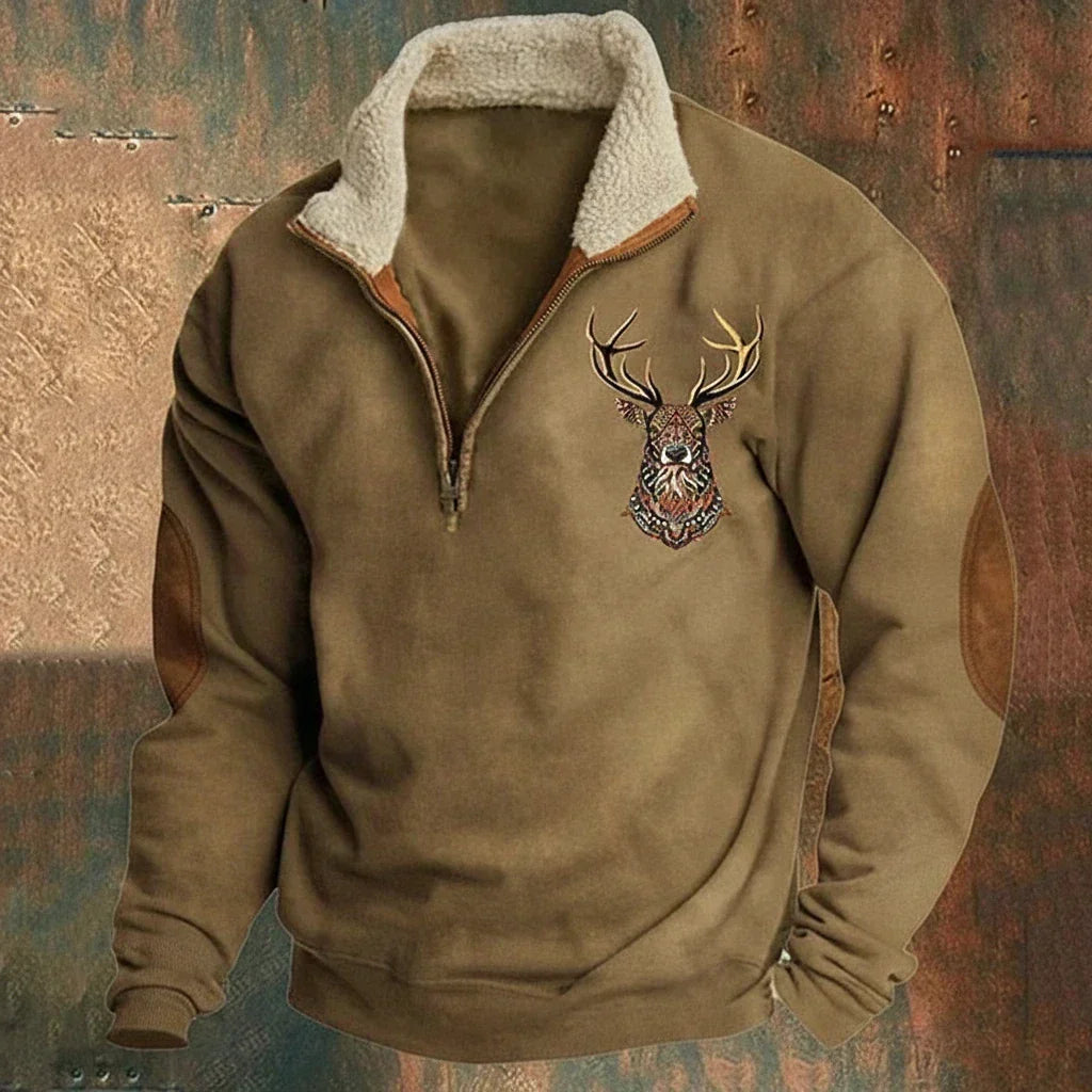 Léandre | Pull Chaud à Motif Cerf et Col Zippé