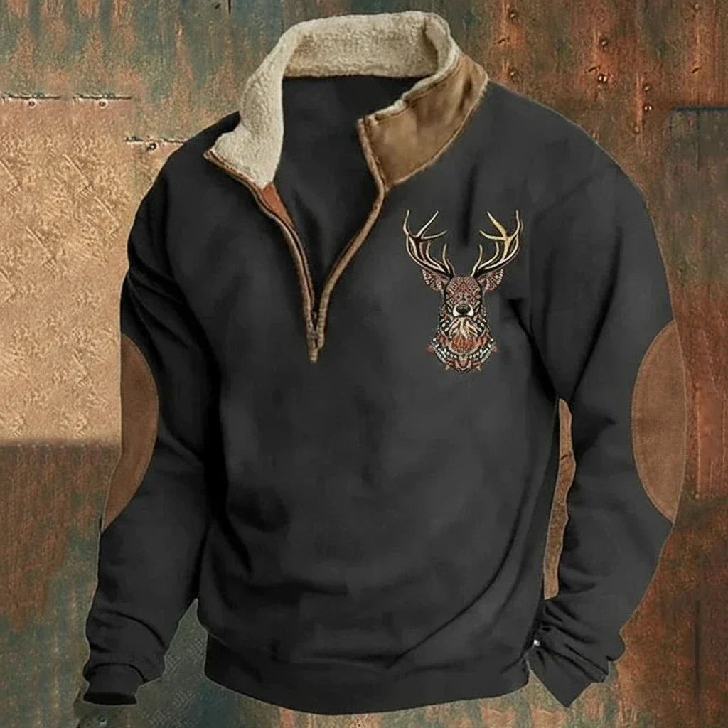 Léandre | Pull Chaud à Motif Cerf et Col Zippé